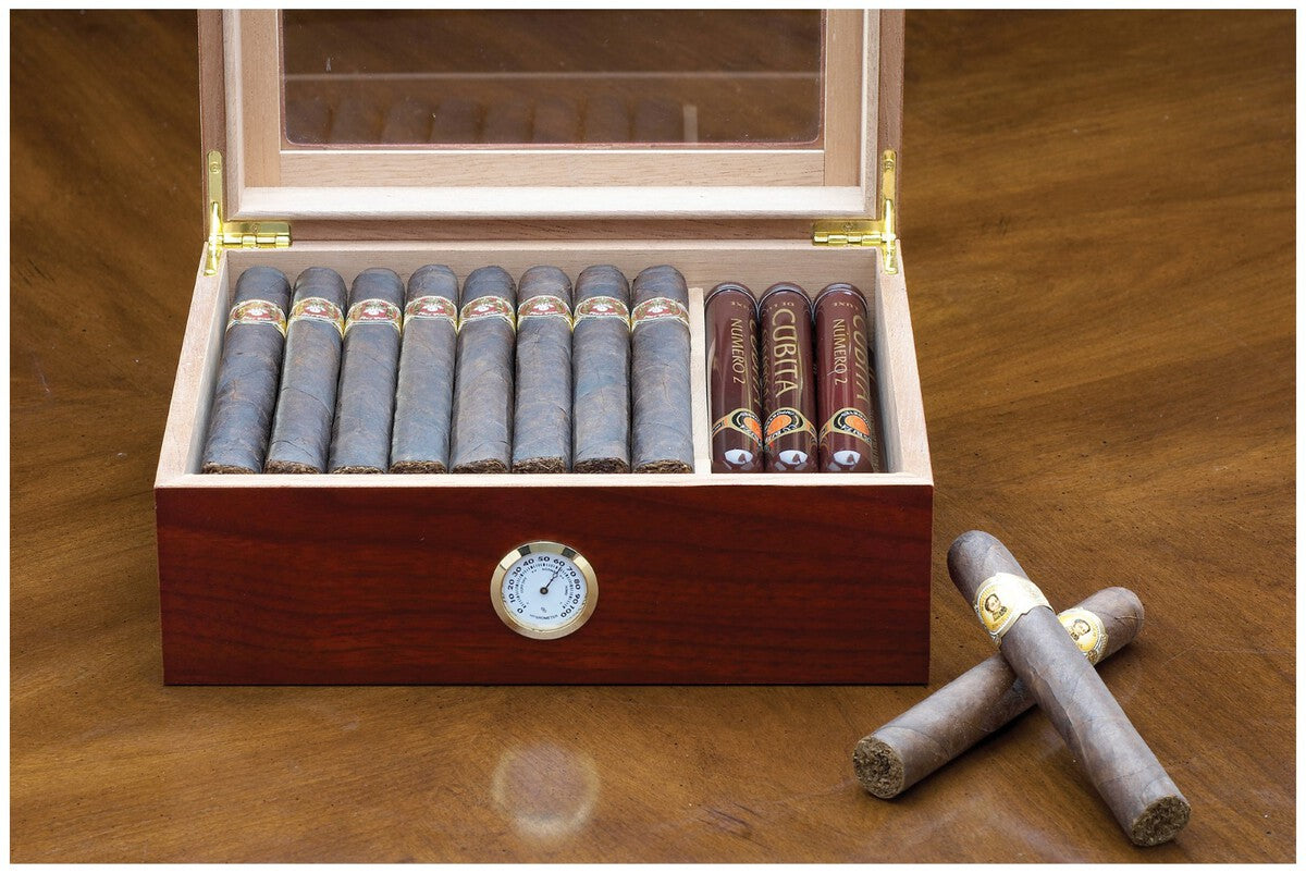 Cigar Humidor - Desktop with glass top, hygrometer and humidifier